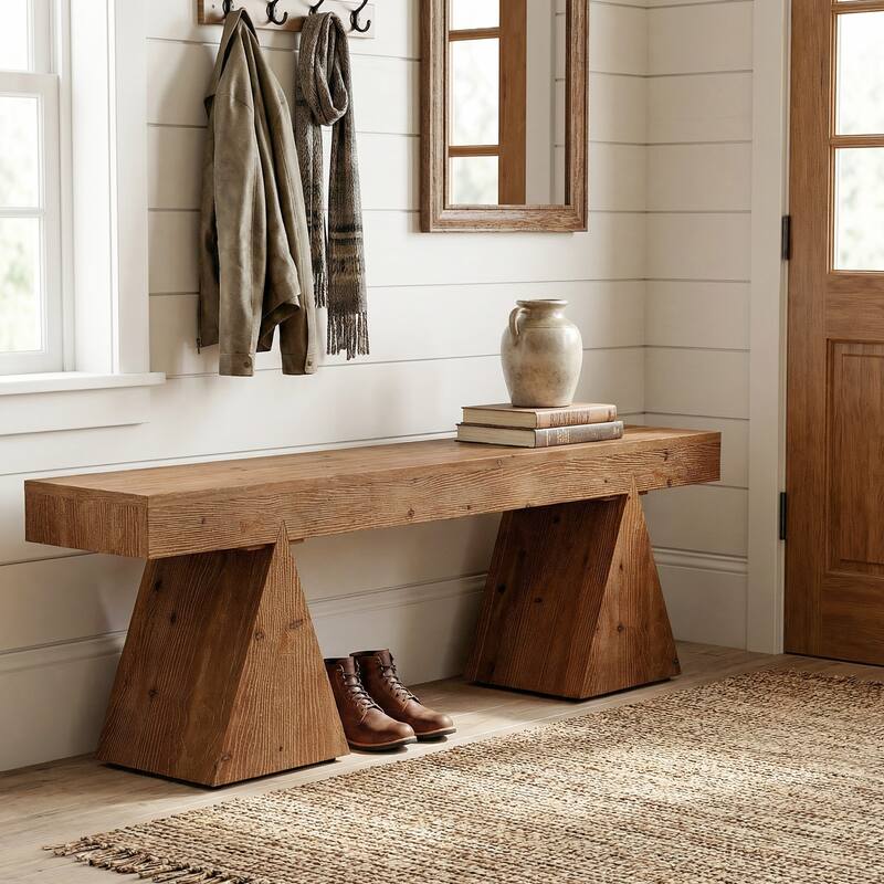 63" Solid Wood Bench, End of Bed Bench, Farmhouse Entryway Benches for Bedroom, Hallway, Kitchen