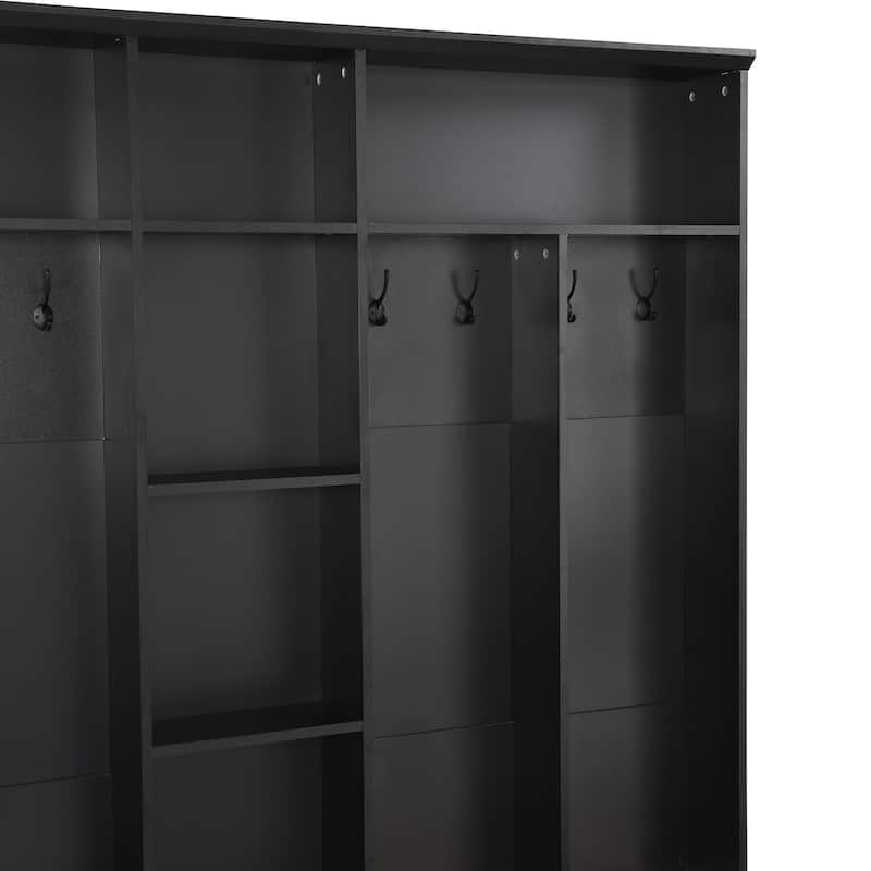 Roomfitters Modern Wide Hall Tree with Bench, Multifunctional Mudroom Shoe Cabinet with Shelves and 8 Hooks