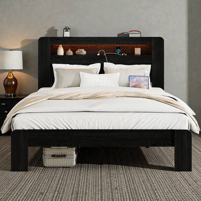 Wood Platform Bed Frame with LED Storage Headboard, USB Charging Ports, Noise-Free Design & Large Underbed Storage
