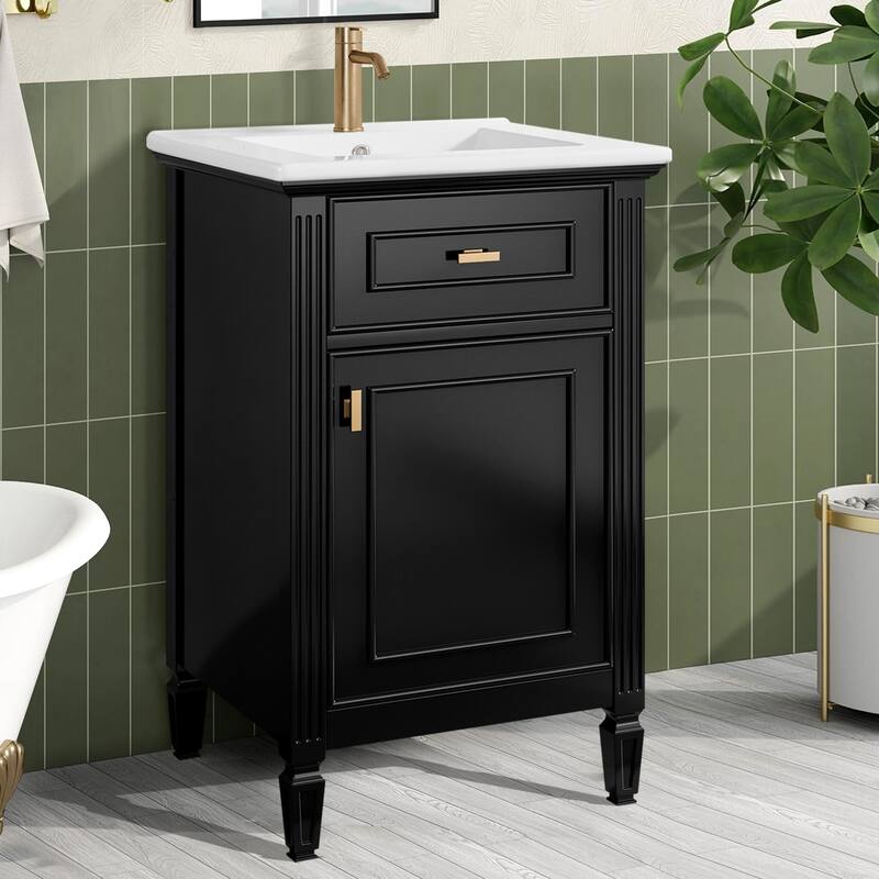 20" Bathroom Freestanding Vanity with Ceramic Sink,Solid Wood Legs,Adjustable Shelf,Tilt-Out Drawer - Black