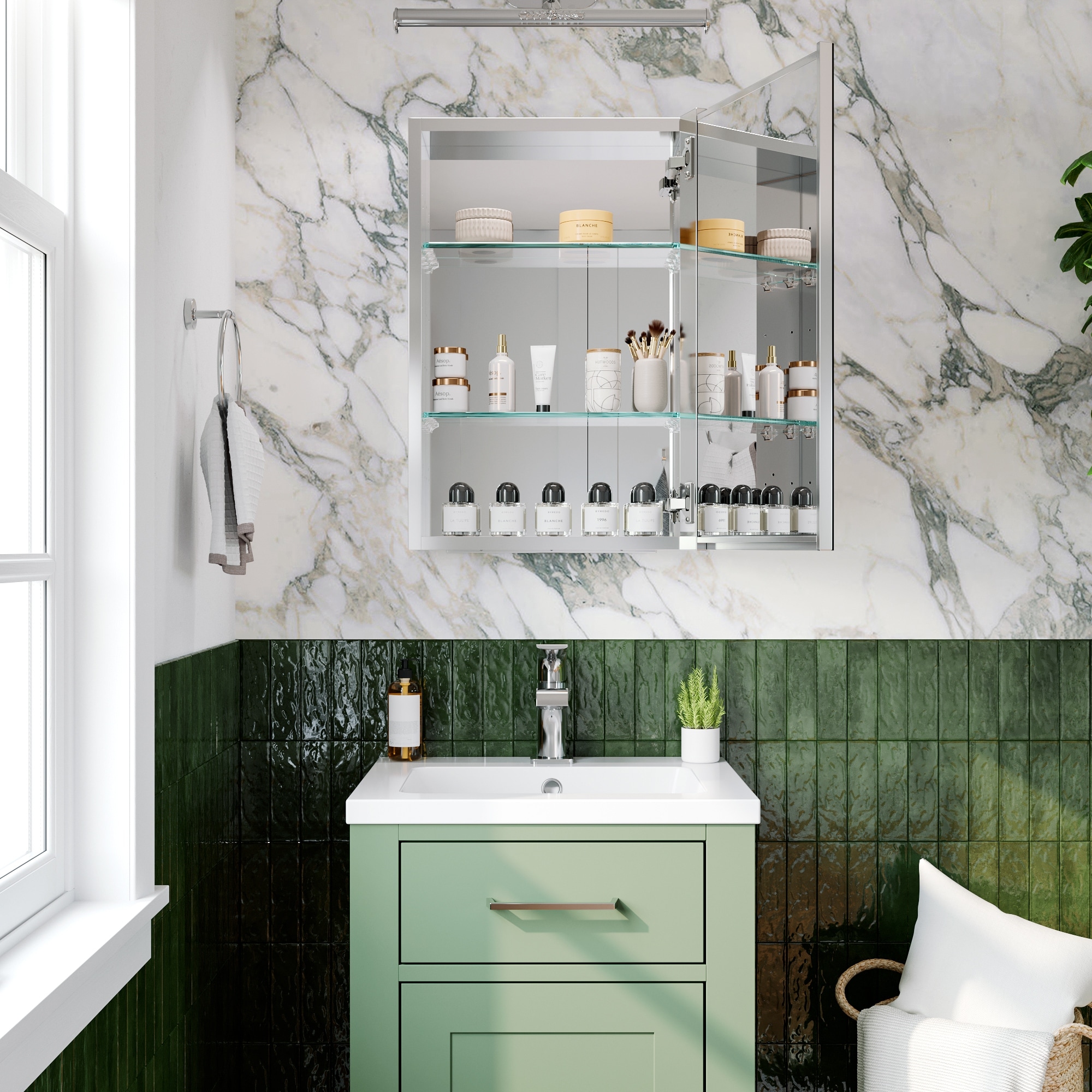 Siavonce 35-in x 29-in Surface Mount Grey Mirrored Soft Close Medicine Cabinet