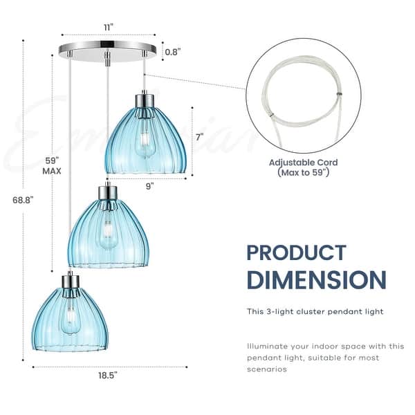 dimension image slide 1 of 2, 3-Light Cluster Pendant Light, Pendant Light, Blue/Clear Glass