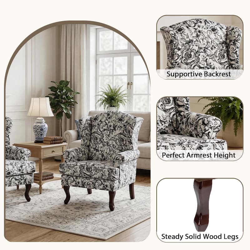 2 Set Traditional Rolled Arm Wing Back Accent Chair