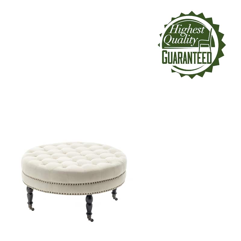 Porthos Home Indy Fabric Round Cocktail Ottoman with Rubberwood Legs and Wheels