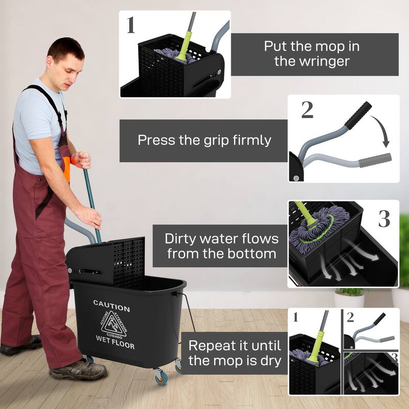 HOMCOM Mop Bucket with Wringer on Wheels for Floor Cleaning, 21 Quart, Separate Dirty and Clean Water