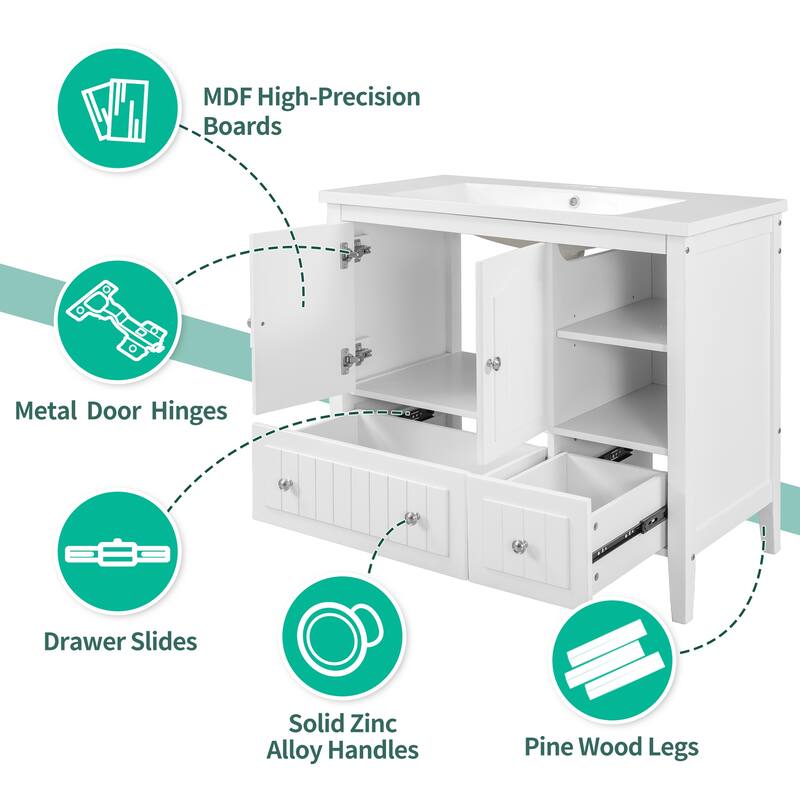 36" Bathroom Vanity Base Only, Solid Wood Frame and MDF Boards for Kitchen, Living Room or Entryway