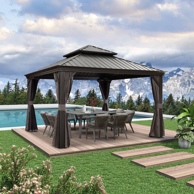 PURPLE LEAF Outdoor Galvanized Steel Hardtop Gazebo, Aluminum Frame Gazebo With Curtains