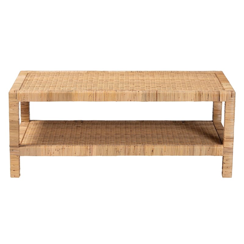Kalimantan Bohemian Light Honey Rattan and Mahogany Wood Rectangle Coffee Table
