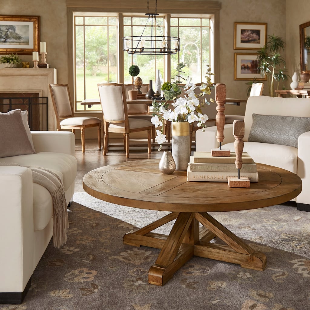 Benchwright Rustic X-base Round Pine Wood Coffee Table by iNSPIRE Q Artisan