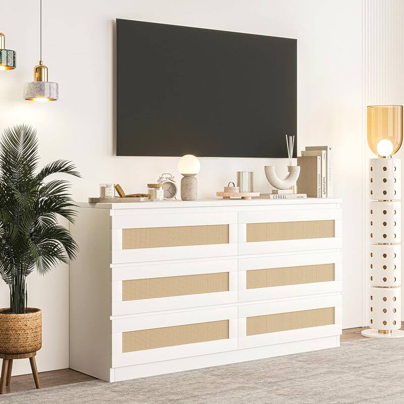 Rattan Dresser for Bedroom, Modern 6 Drawer Double Dresser with Anti-Tip Kit