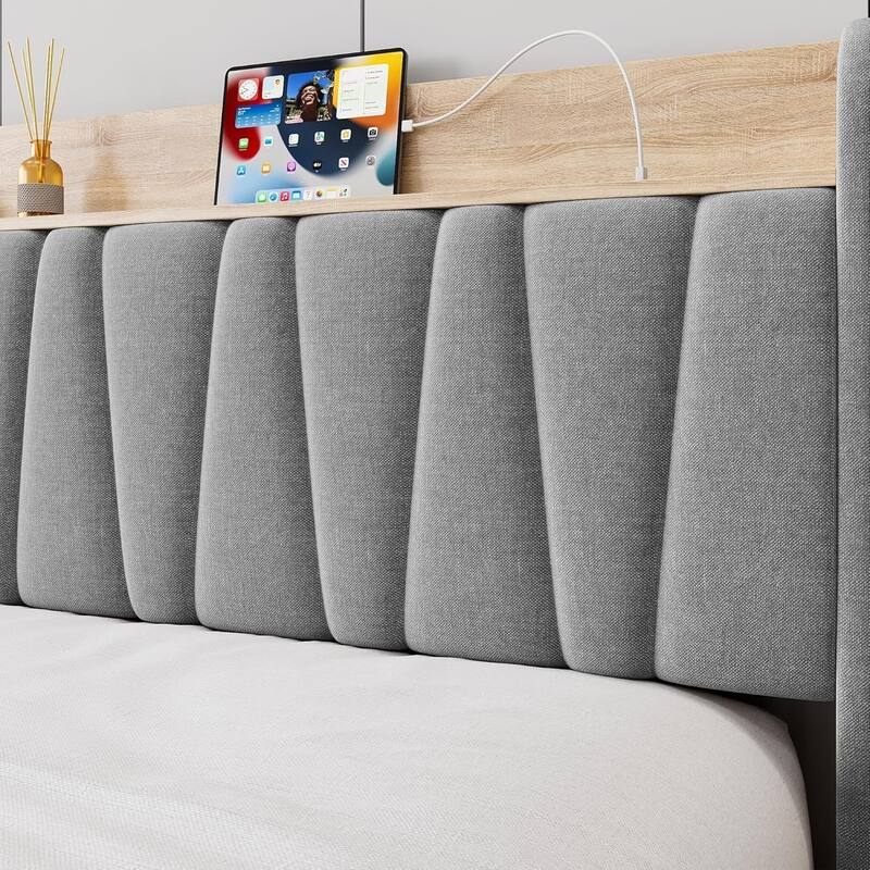 Upholstered Platform Bed with Storage Headboard, Drawer & Charging Station, Wood Slat Support