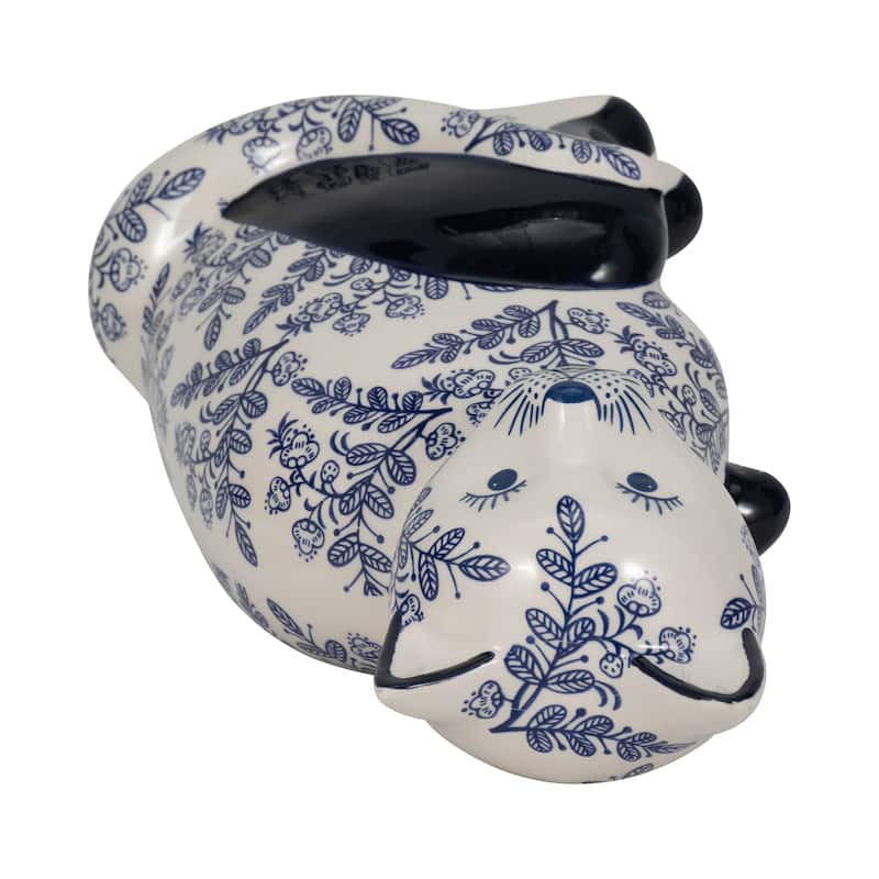 Ceramic Cat Sculpture Contemporary Vintage Style Chinoiserie Blue and White Floral Cat Statue Cat Lover