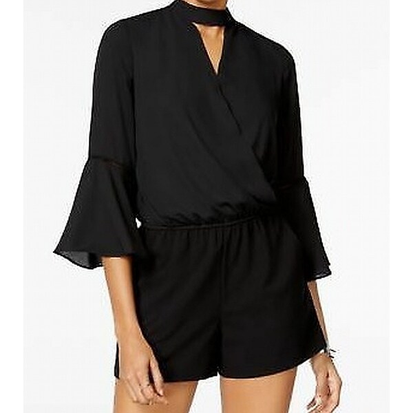 BCX Black Womens Size Large L Choker Bell Sleeve Surplice Romper
