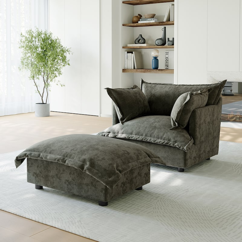 39"W Oversized Chenille Comfy Cloud Chaise Lounge with Ottoman - Grey