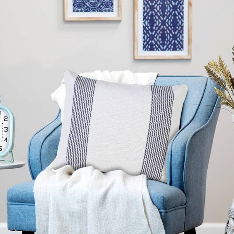 Handwoven Geometric Striped Cotton Throw Pillow Cover - 20" - Blue and White