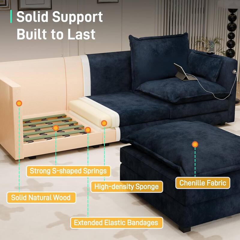 Modular Sectional Sofa L Shaped Couch, 3/4 Seat Sofa Set with Ottoman, Chenille Fabric