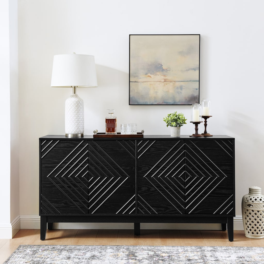 Farmhouse Fluted Buffet Cabinet with Concealed Handle Cabinet Doors for Living Room, Kitchen and Dining Room, Black