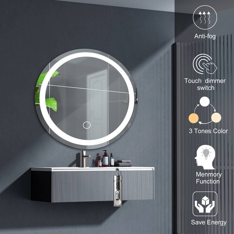 24 Inch LED Round Bathroom Mirror Touch Switch, 3Color Light