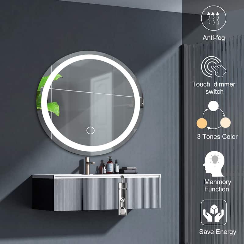 24 Inch Wall Mounted LED Round Makeup Mirror Bathroom, Bedroom - White/Silver - White/Silver