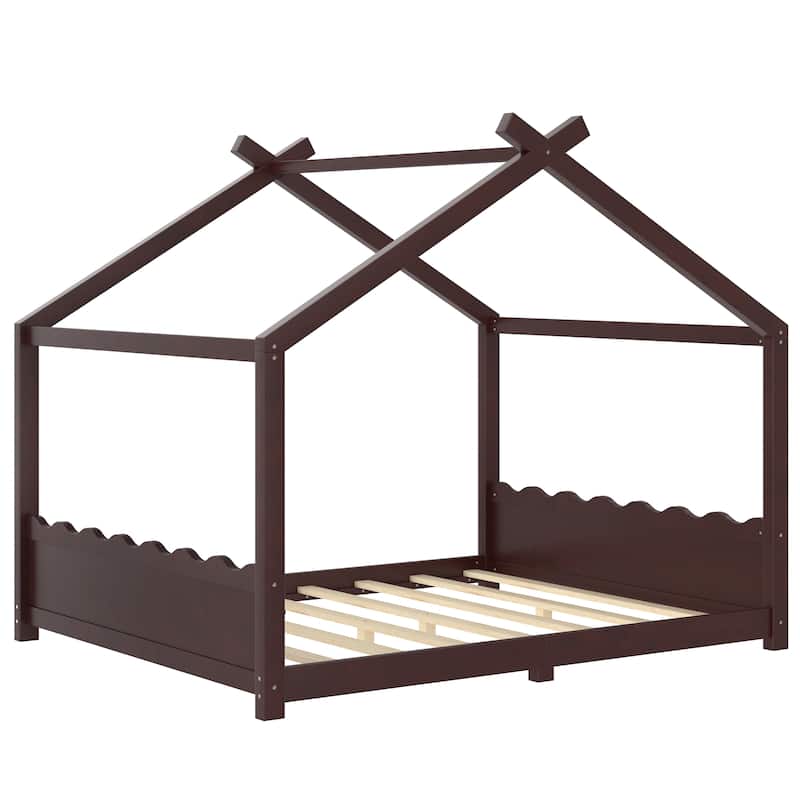 Queen/Full/Twin Solid Wood House Floor Bed, No Box Spring Needed