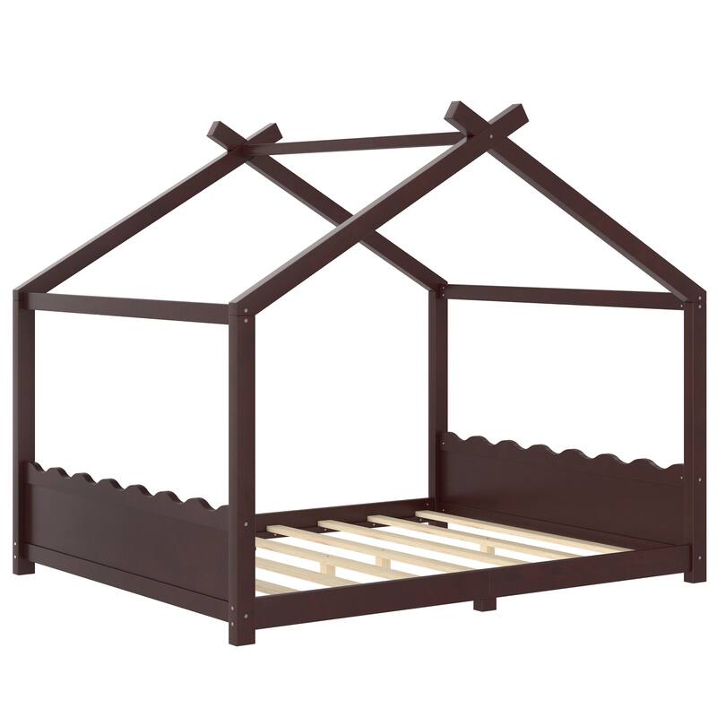 Roomfitters House Floor Bed with Support Slats, Solid Wood Open Frame Design