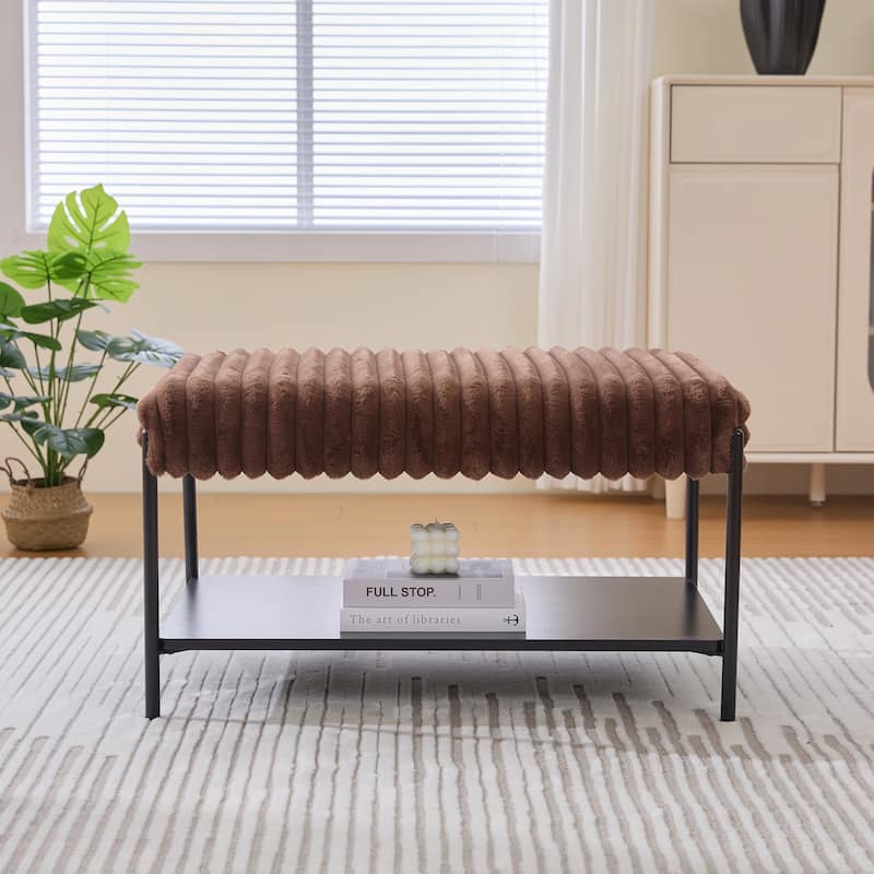 30.7"Wide Upholstered Ottoman Coffee Table Foot Rest With Metal Legs,Footstool With Wooden Open Storage Shelf,Faux Fur - Brown