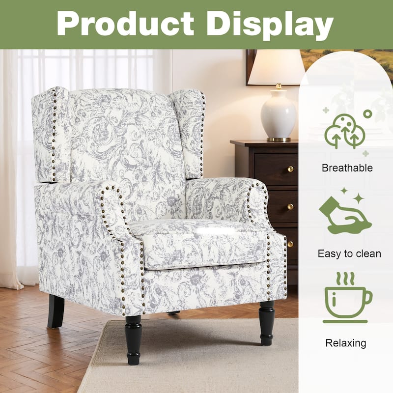 Traditional Floral Patterned Wingback Armchair with Nailhead Trim