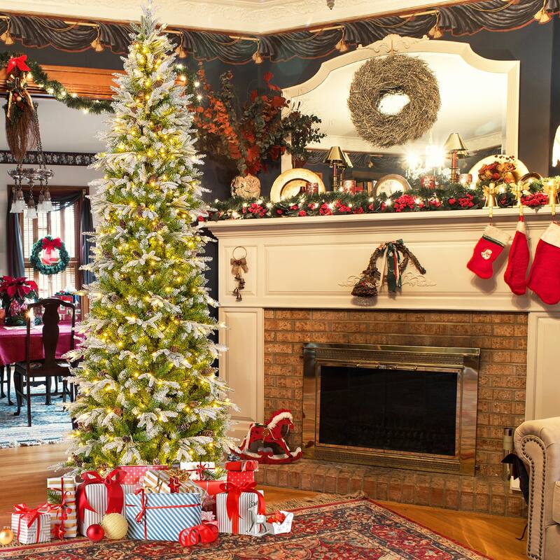 Gymax 6/7.5/9 FT Pre-Lit Artificial Christmas Tree Snow Flocked Hinged