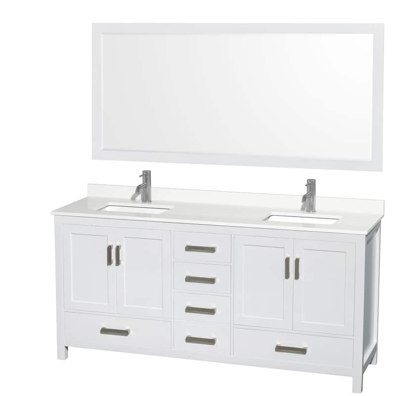 Sheffield 72-inch Double Vanity, Single Hole Quartz Top,70-inch Mirror - White, Chrome Trim, White Quartz Top