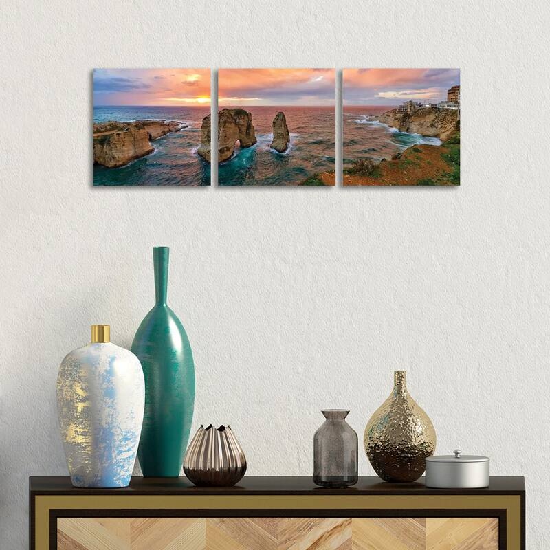 iCanvas "Sunset at the Raouche Coast, Beirut, Lebanon" by Panoramic Images 3-Piece Canvas Wall Art Set - 12x36x1.5