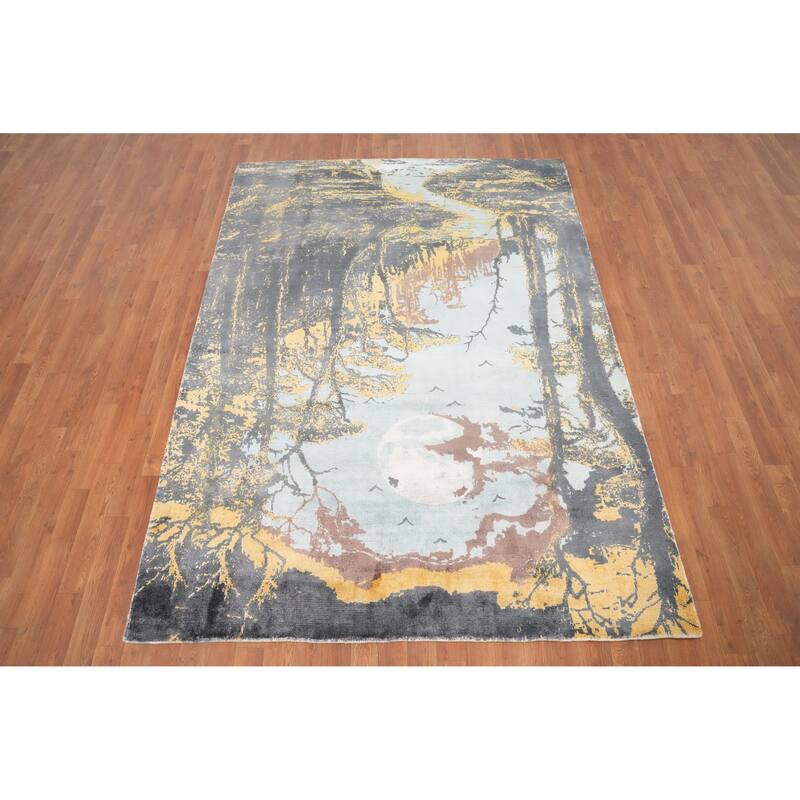 Hand Knotted Oriental Viscose Silk Carpet Modern Pictorial Multi-Colored Abstract Area Rug - 7' 8'' X 5' 7''
