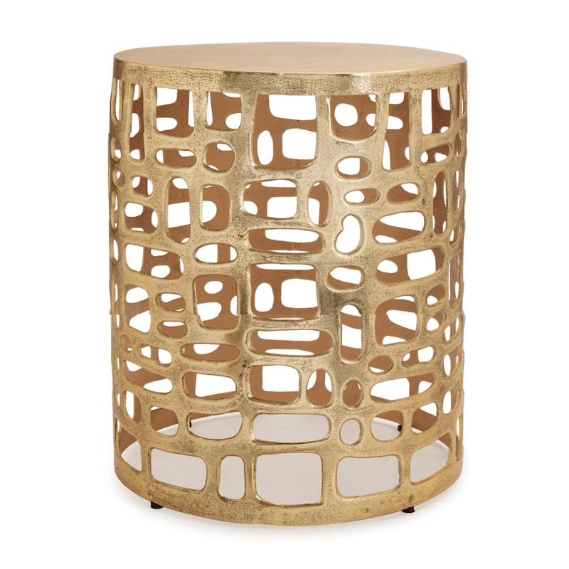 HomeRoots 19" Gold Modern Abstract Cut Out Round Drum End Table - 16.00 in. x 19.00 in. x 16.00 in.