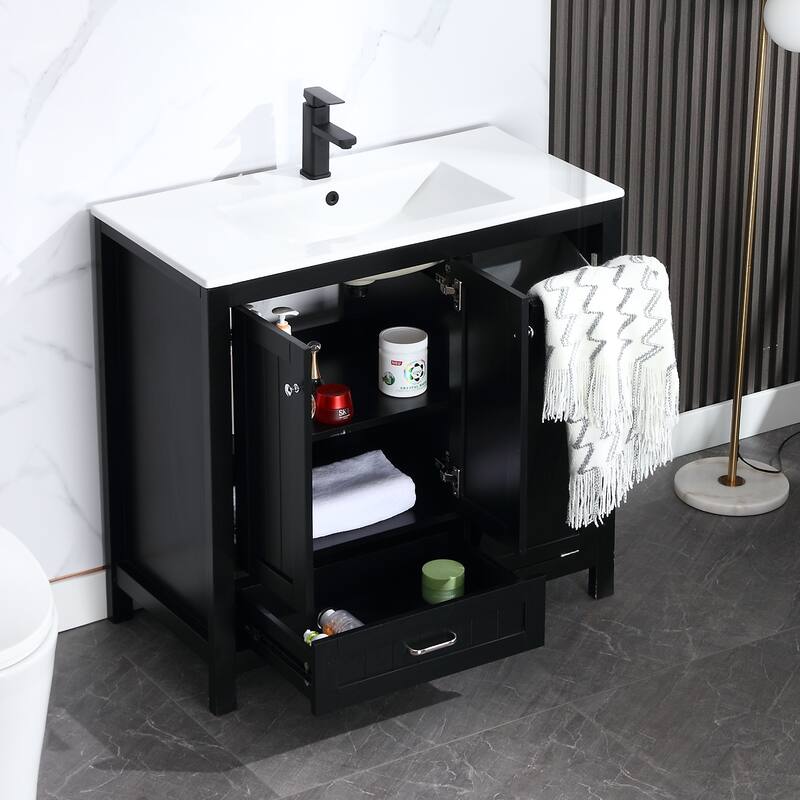 36" Bathroom Vanity Sink Combo with Laundry Hamper Ceramic Sink Storage Cabinet