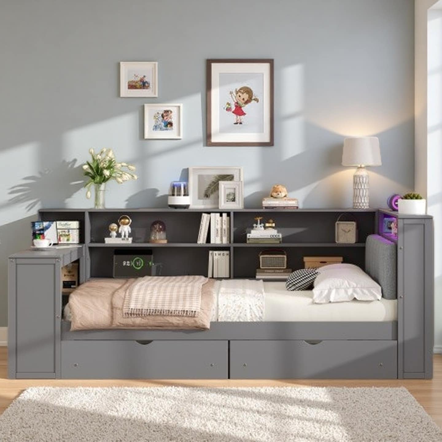 Full Size DayBed with Upholstered Headboard, Built-In Desk, Storage Shelves & Drawers, LED Lighting, and USB Charging Station