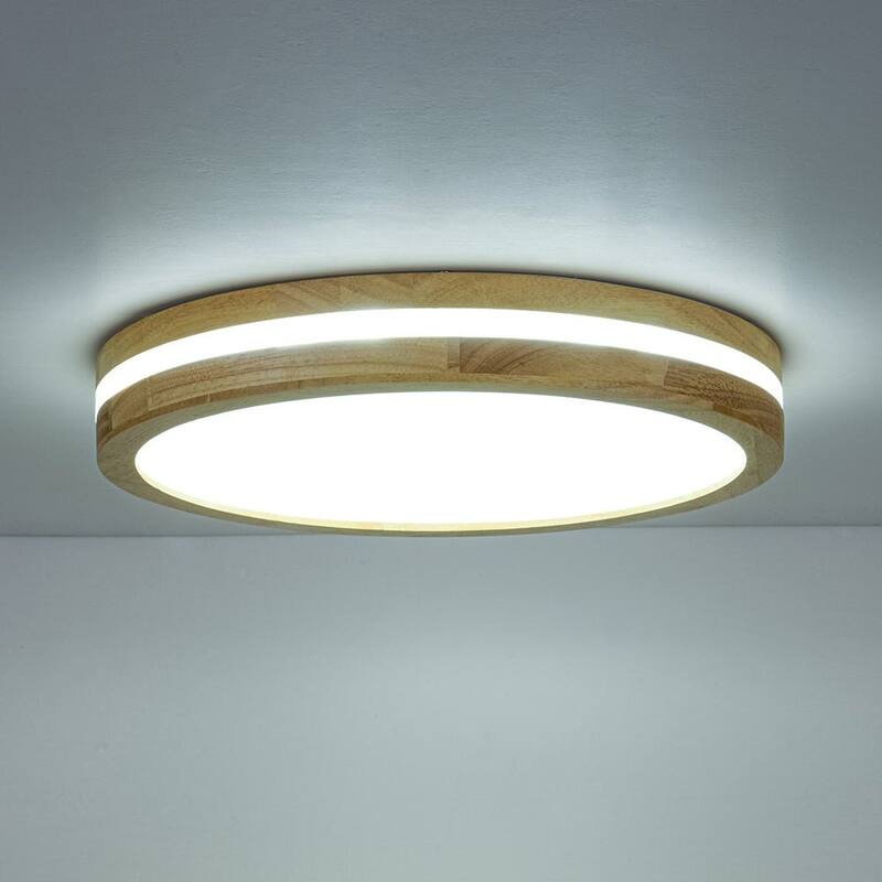 Coastal-style Circular Nested Halo Wood Dimmable LED Flush Mount - 15.7 in