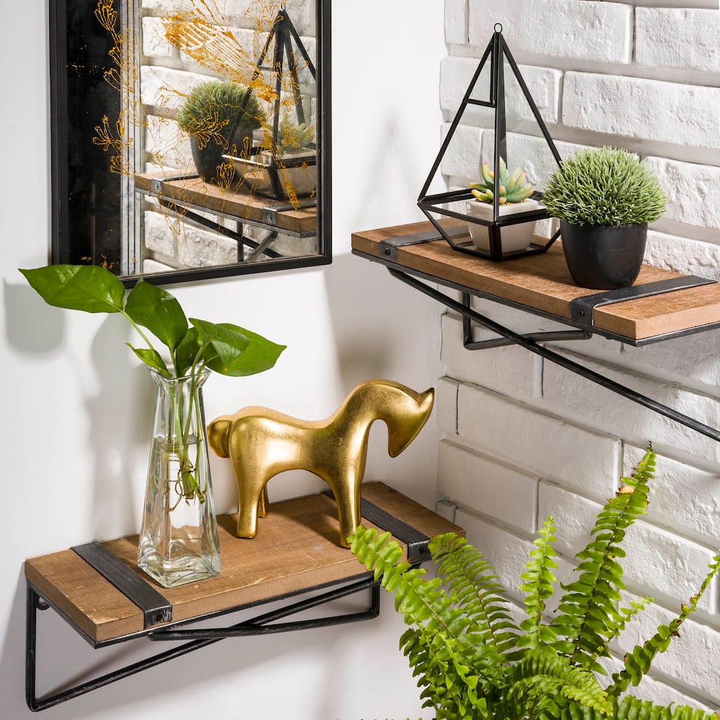 Glitzhome Farmhouse Rustic Metal Wooden Wall Shelf Set of two