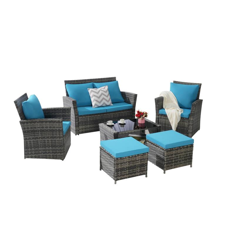6-Piece Outdoor Patio Rattan Sectional Sofa Set with Glass Table