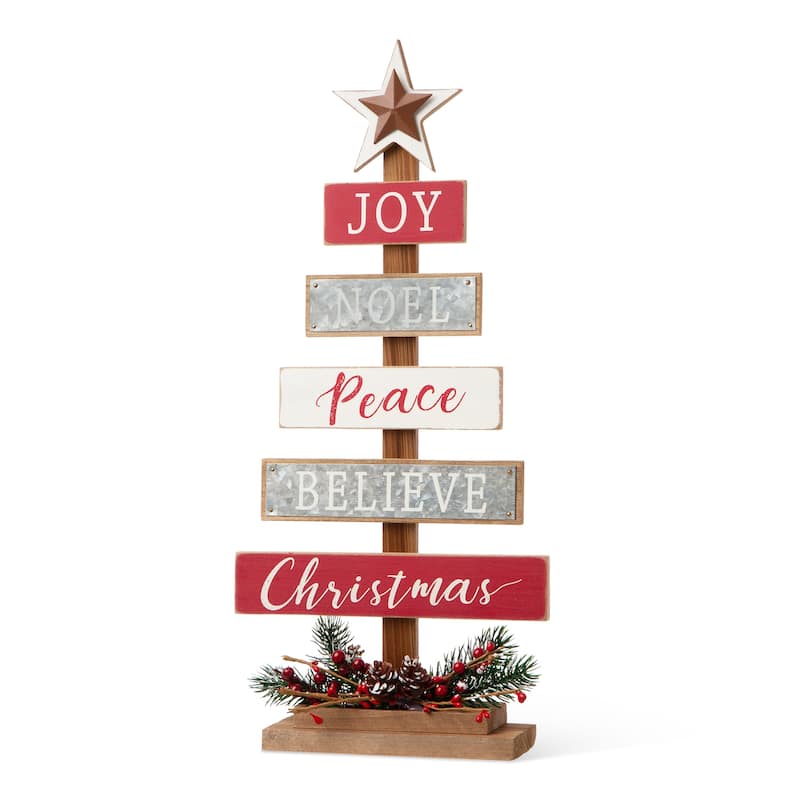 Glitzhome Christmas Tree Shaped Wooden Nativity Sign Table Decor for Holiday Party
