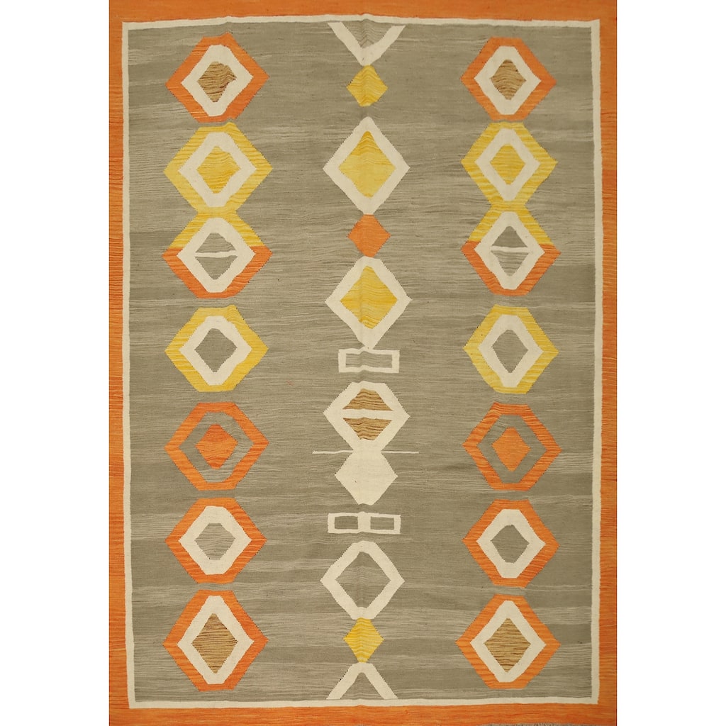 Hand Woven Oriental 100% Wool Carpet Southwestern Tribal Greys & Charcoal Kilim Area Rug - 9' 6'' X 8' 0''