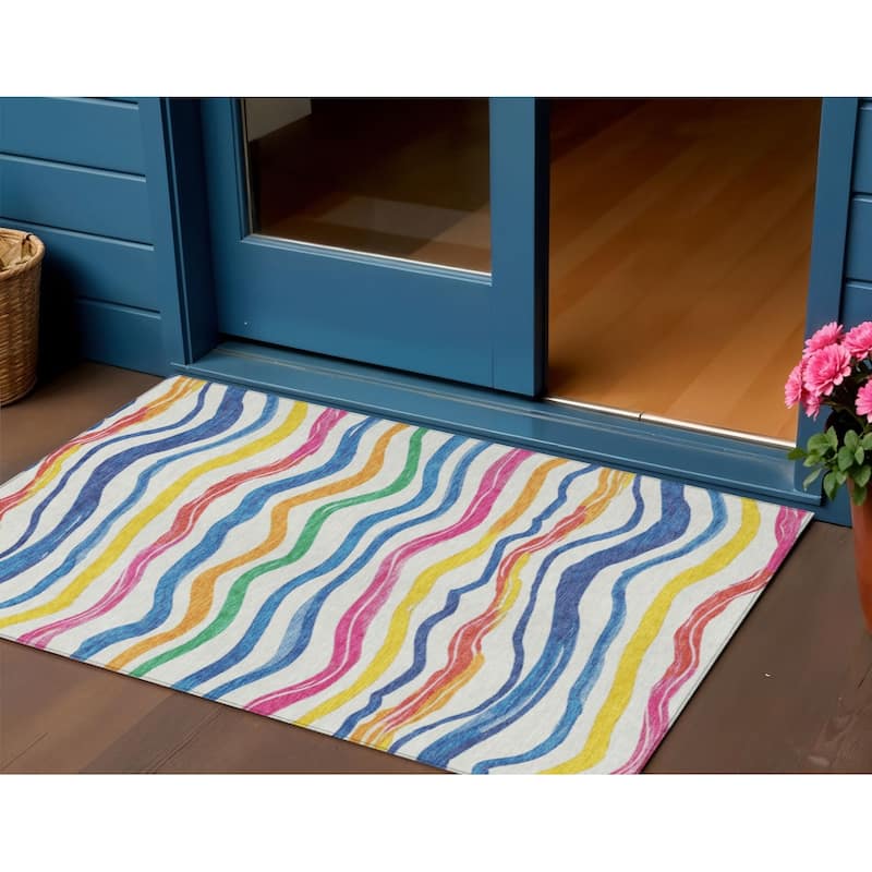 HomeRoots Striped Transitional Rectangle Outdoor Rug - Blue/Ivory - 3' x 5'