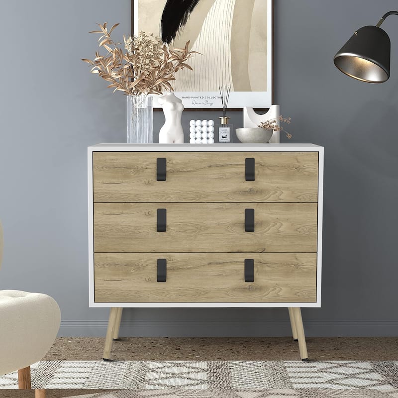 Vintage Stylish Wooden Dresser with Three Drawers - White+Macadamia - 3-drawer