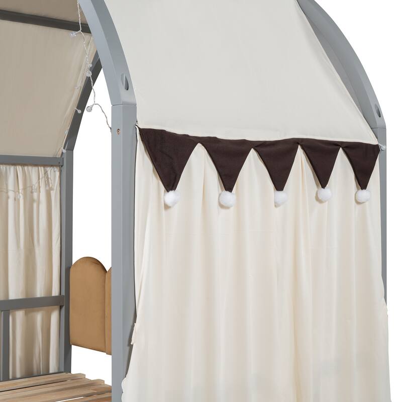 Wood Twin Size Bed Frame with Arched Roof, Floor Bed with Light and Curtain, Pull-out Kids Bed for Girls Boys Bedroom