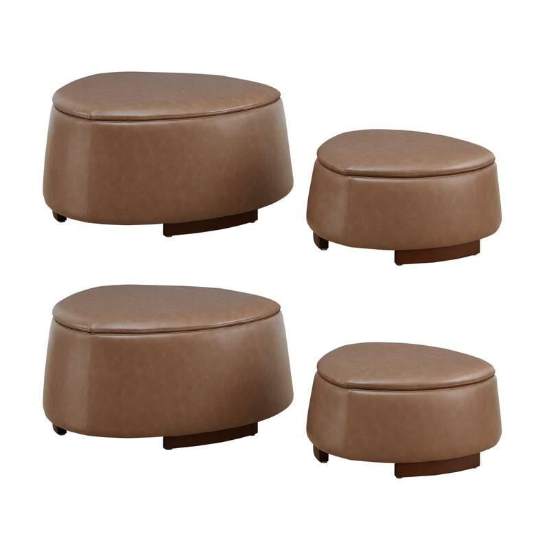 Bridget Storage Ottoman Set Stone-Shaped Footrest for Living Room - Set of 4 - Saddle Brown-Faux leather