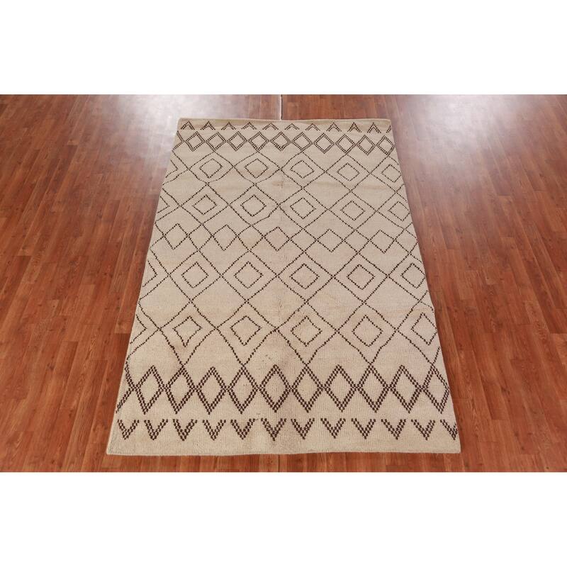 Hand Knotted Oriental 100% Wool Carpet Modern Geometric Beige & Ivories Moroccan Area Rug - 8' 0'' X 5' 0''