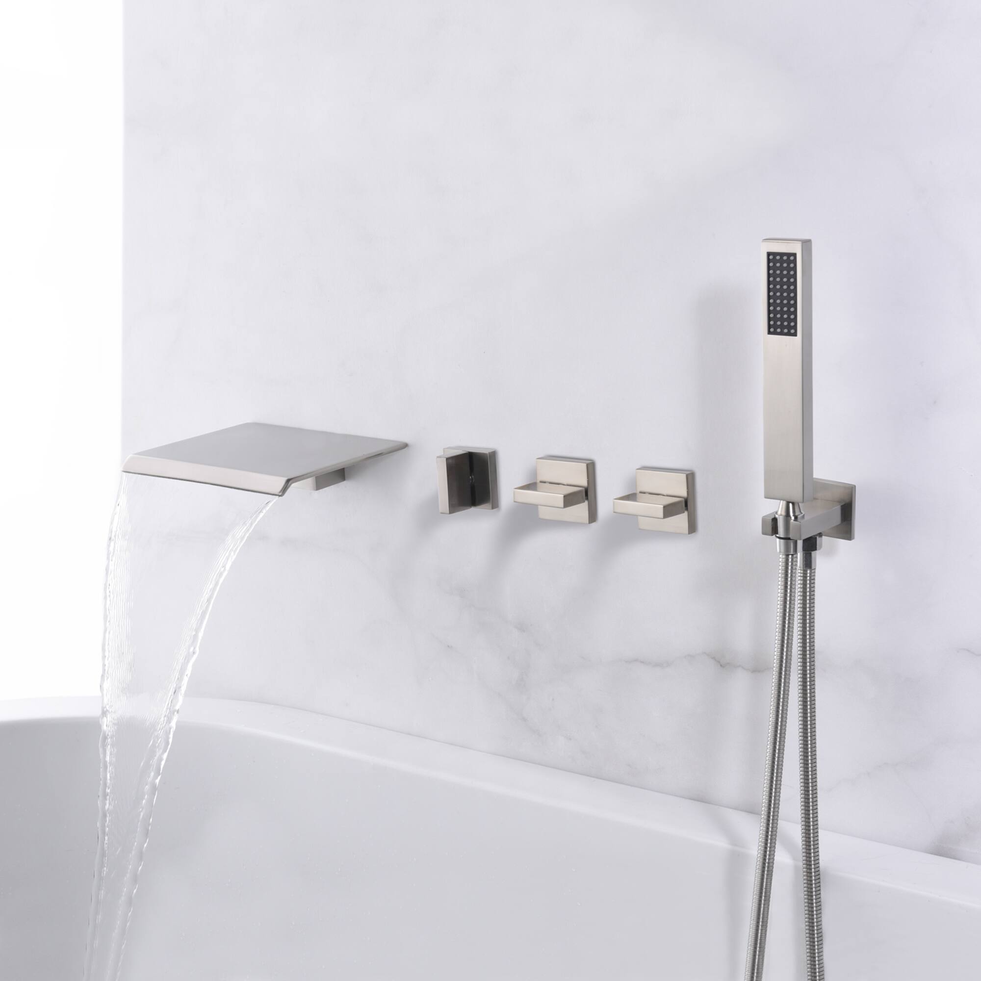 High Flow Rate Wall Mount Tub Filler Faucet Brushed Nickel with Hand
