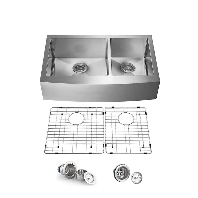 Handcrafted Farmhouse Apron Double Bowl Real 16 gauge Stainless Steel Kitchen Sink with Strainer and Grid - 36 Inch