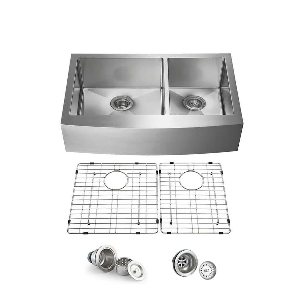 Handcrafted Farmhouse Apron Double Bowl Real 16 gauge Stainless Steel Kitchen Sink with Strainer and Grid