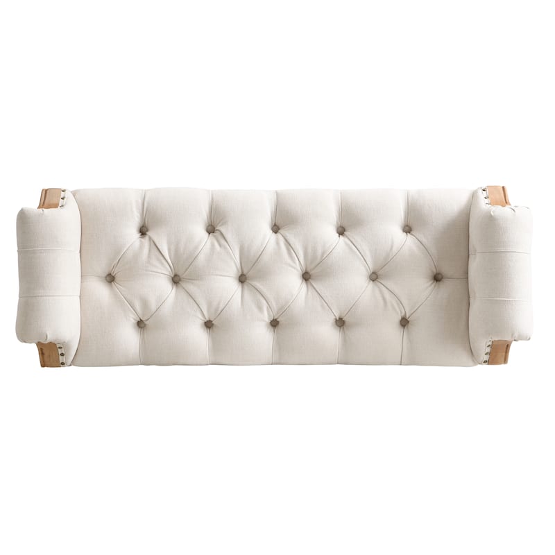 Christopher Knight Home - Mid-Century Solid Rubberwood Upholstered Bench with Rolled Arms, Button-Tufted Cushion & Nailhead Trim