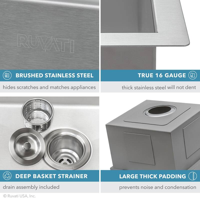 Ruvati 21 x 20 inch RV Workstation Drop-in Topmount Bar Prep Kitchen Sink 16 Gauge Stainless Steel - - 21" X 20" - 21" X 20"
