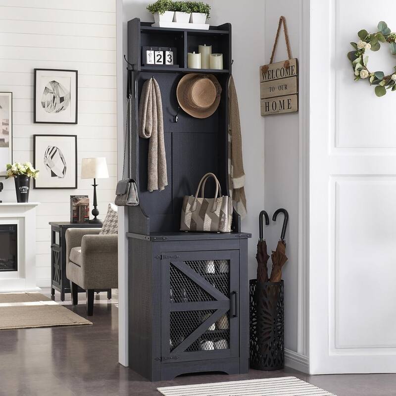 23" Wide Farmhouse Entryway Bench with Coat Rack, Hall Tree Cabinet - Black